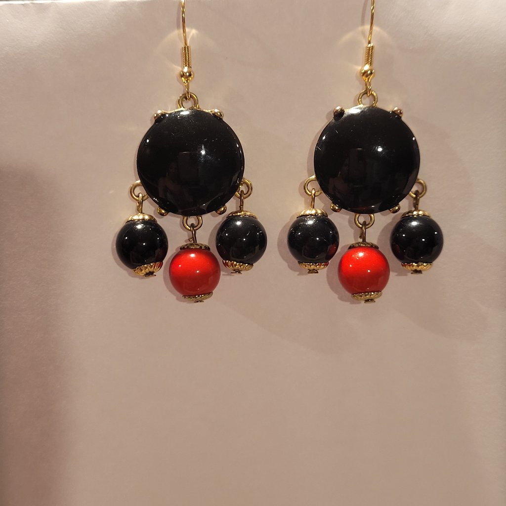 Black Large Bubble Earrings With Small Black And Red Bubble Drops